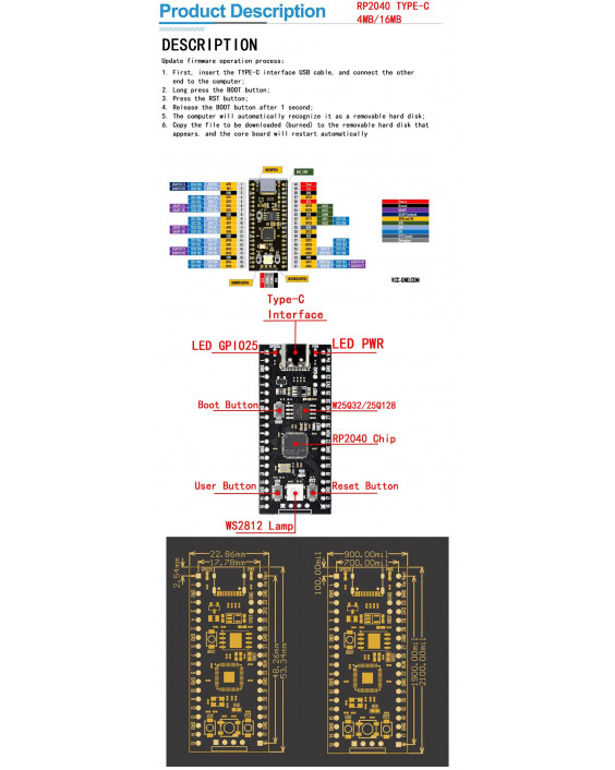 Плата мікроконтролера RP2040-Pico 16Mb Flash Black